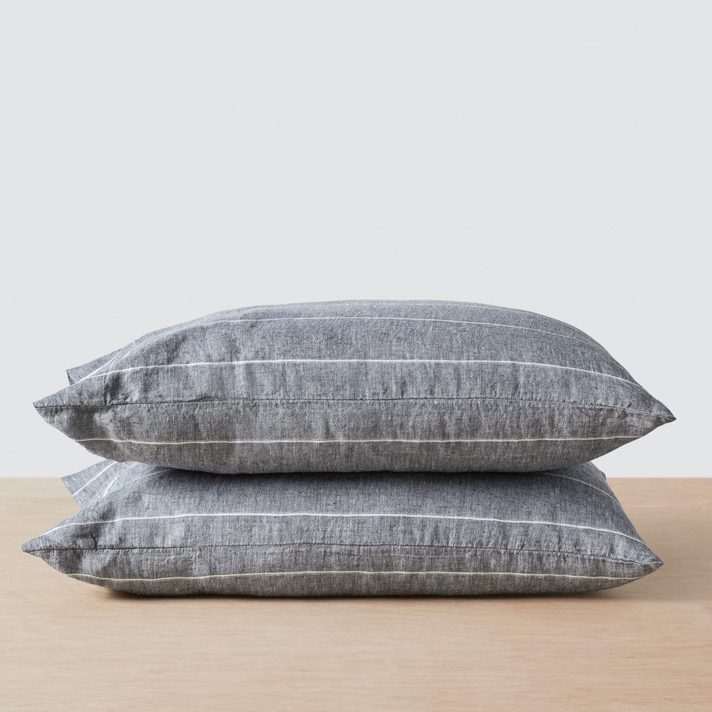 Stonewashed Linen Pillowcases - Indigo Chambray Wide Stripe