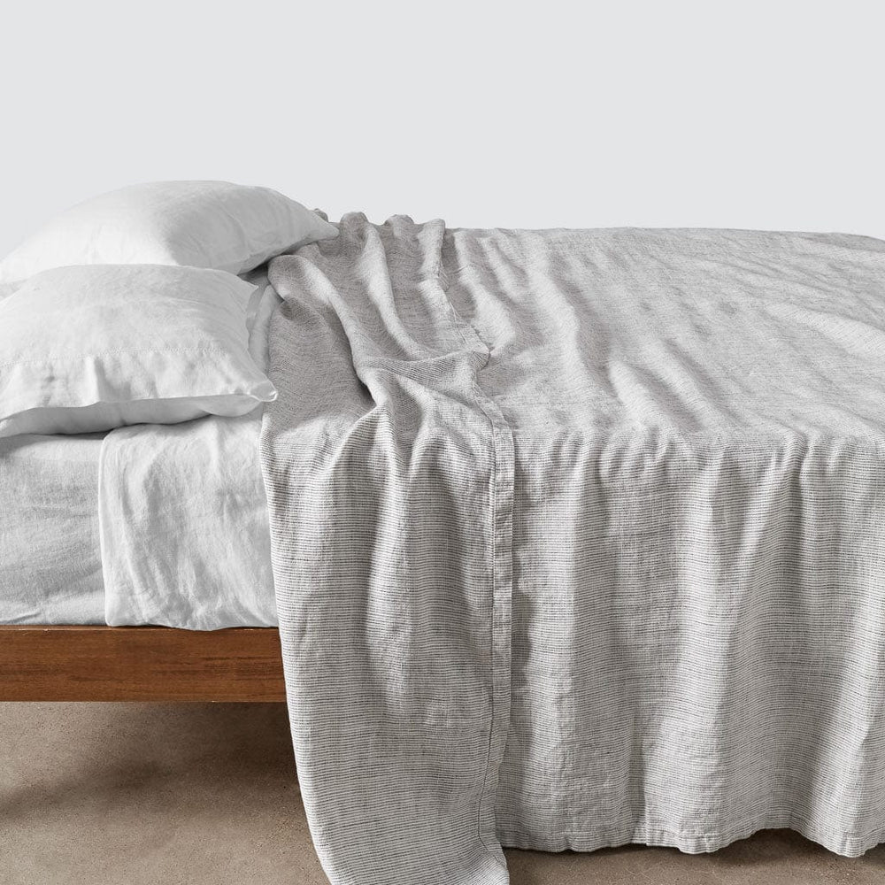Stonewashed Linen Bed Cover - Graphite Thin Stripe